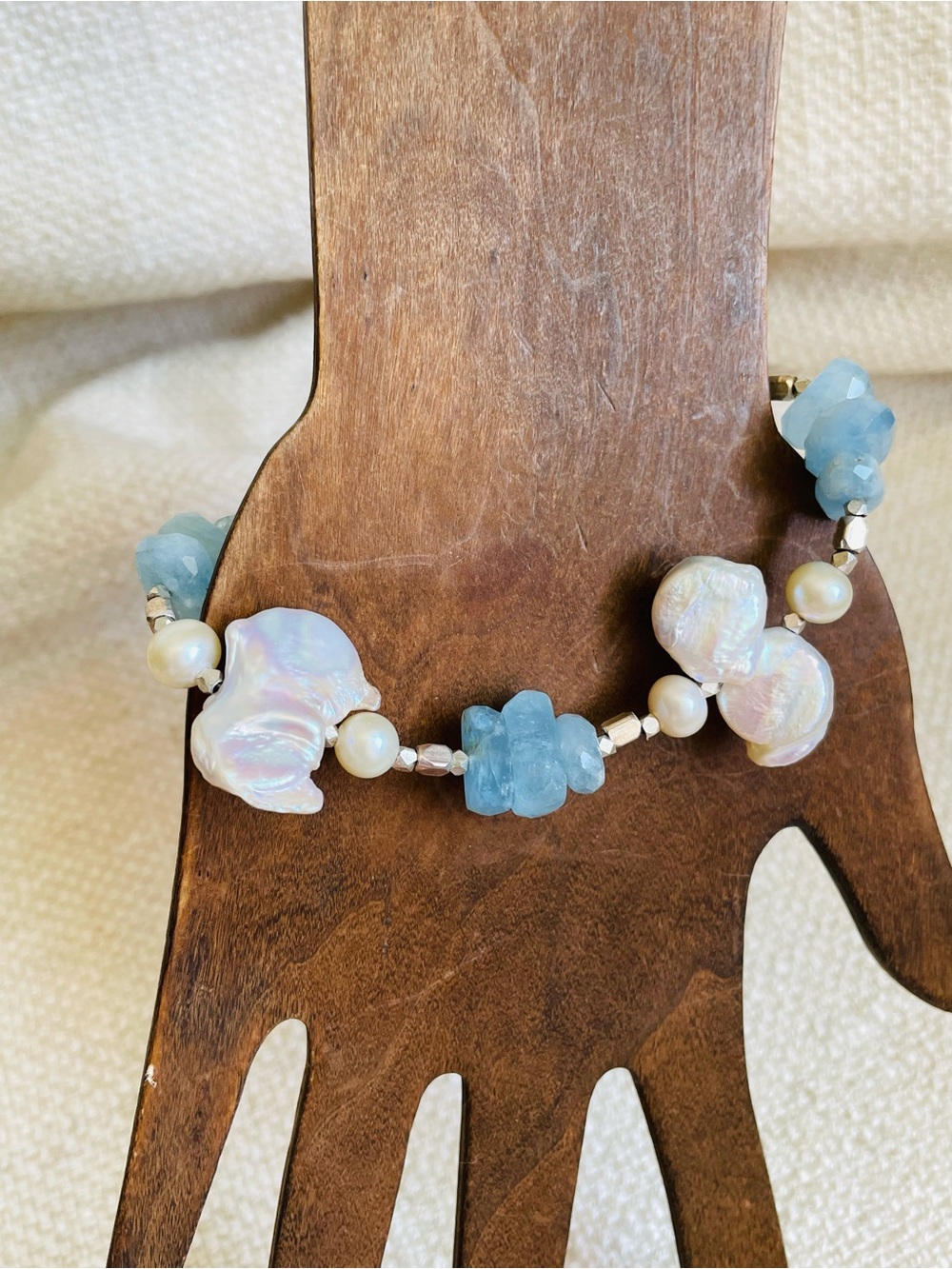 Artisan Handcrafted Aquamarine Stone Cultured Button Pearl Bracelet 7.5"